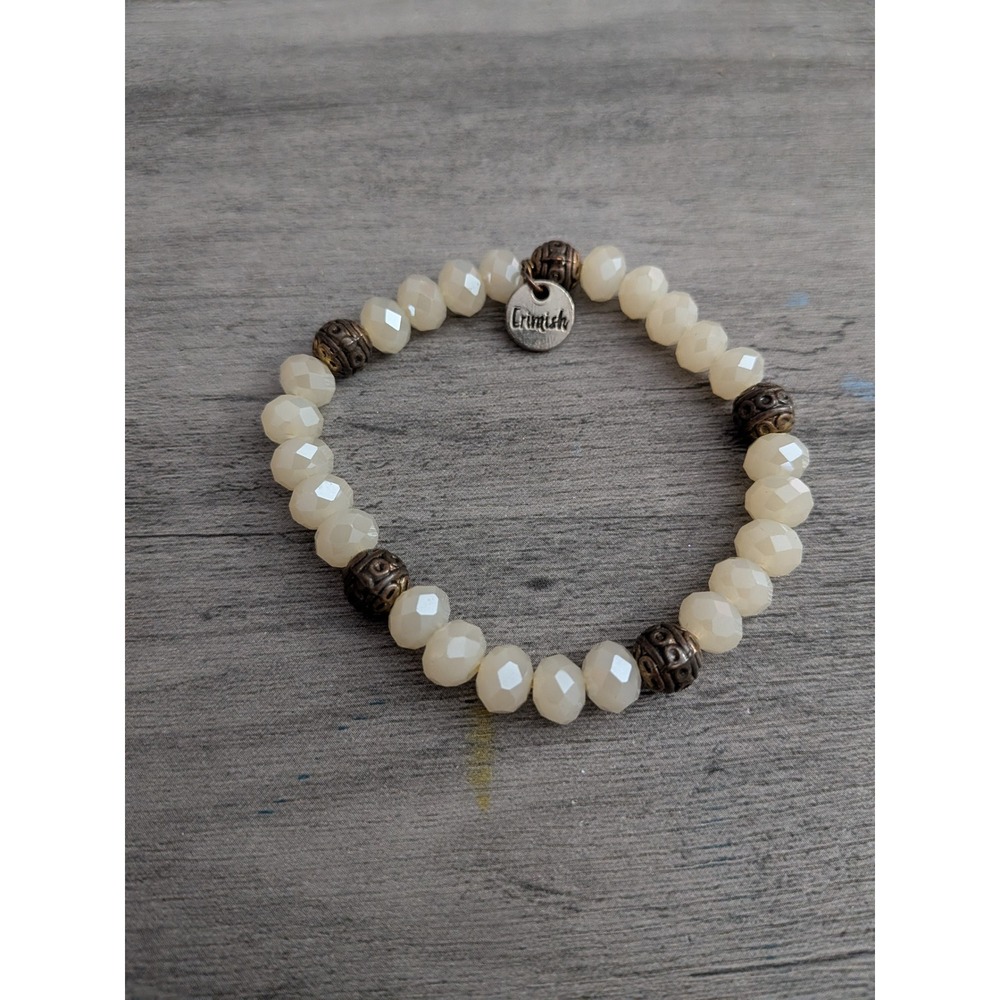 Erimish Beaded Stretch Bracelet Cream Faceted Glass Bronze Filigree Charm